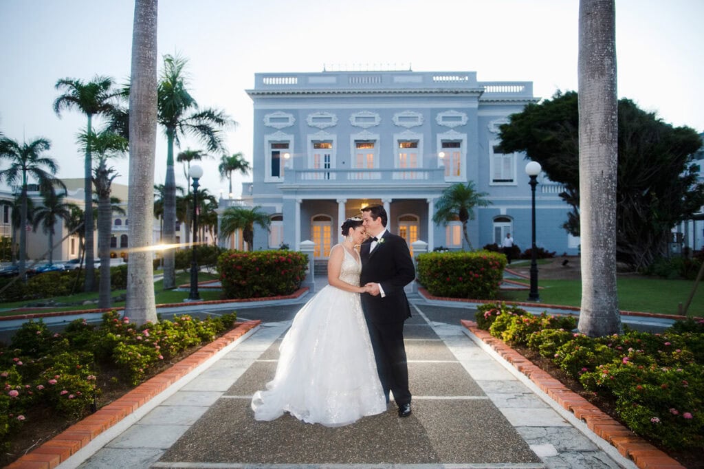 outdoor newlywed wedding portraits at dusk at Antiguo Casino de Puerto Rico by Camille Fontz