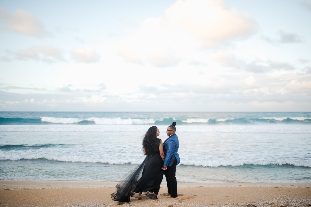 Glam beach black lesbian engagement photo session in San Juan, Puerto Rico
