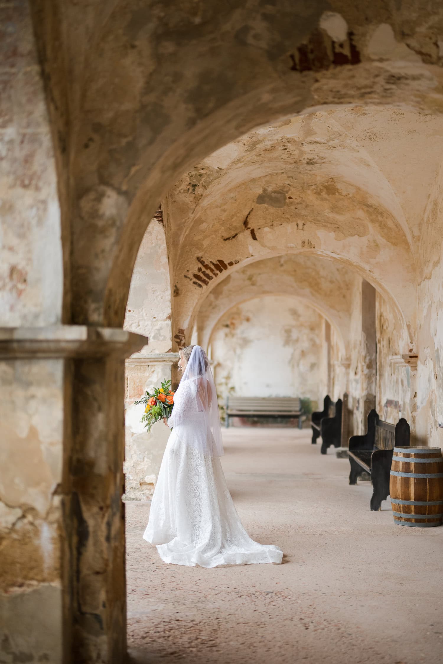 Bride photography shots of the bride in Castillo San Cristobal Puerto Rico