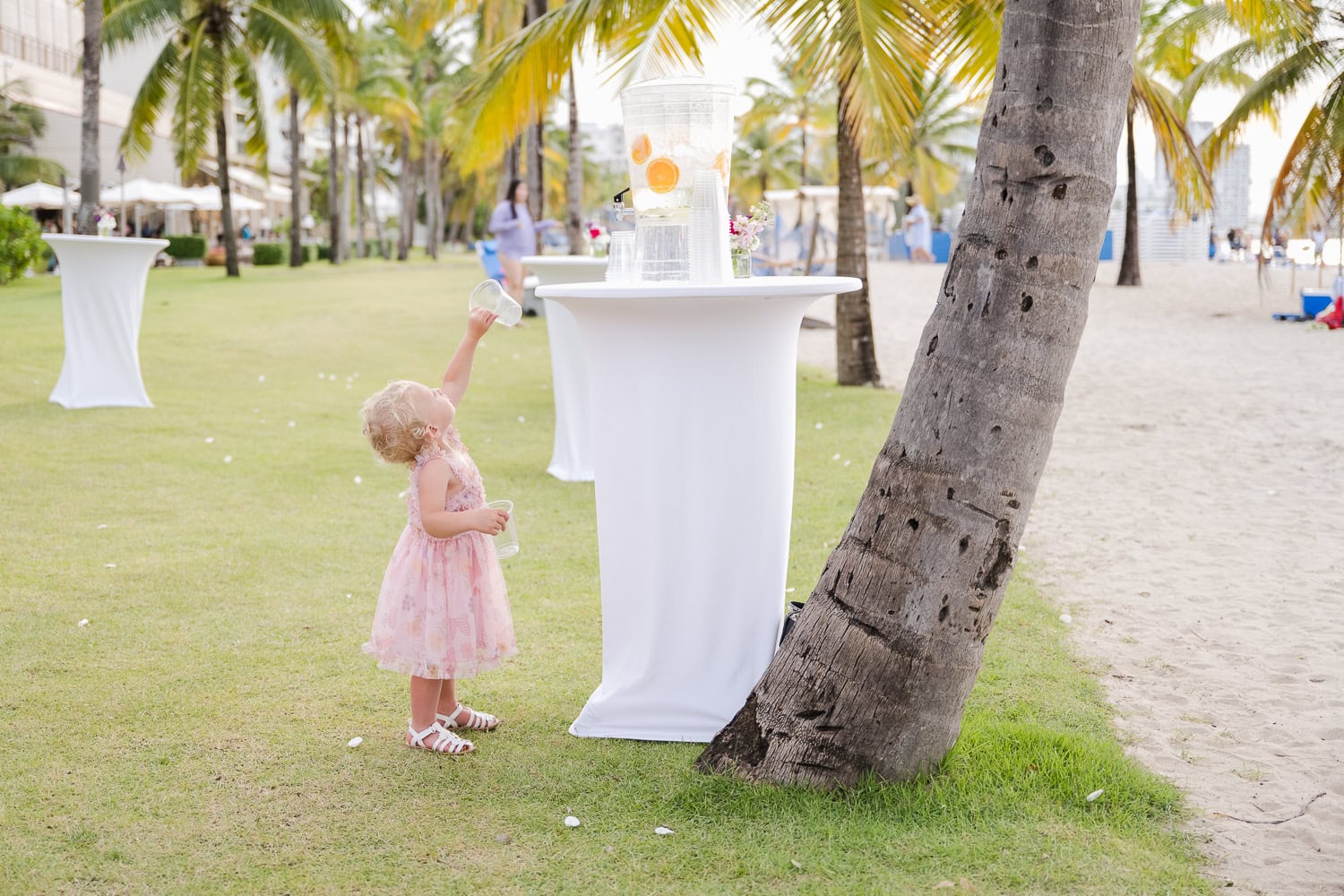 Beachfront wedding ceremony setup with a floral arch and palm trees at Courtyard Marriott Isla Verde, Puerto Rico.