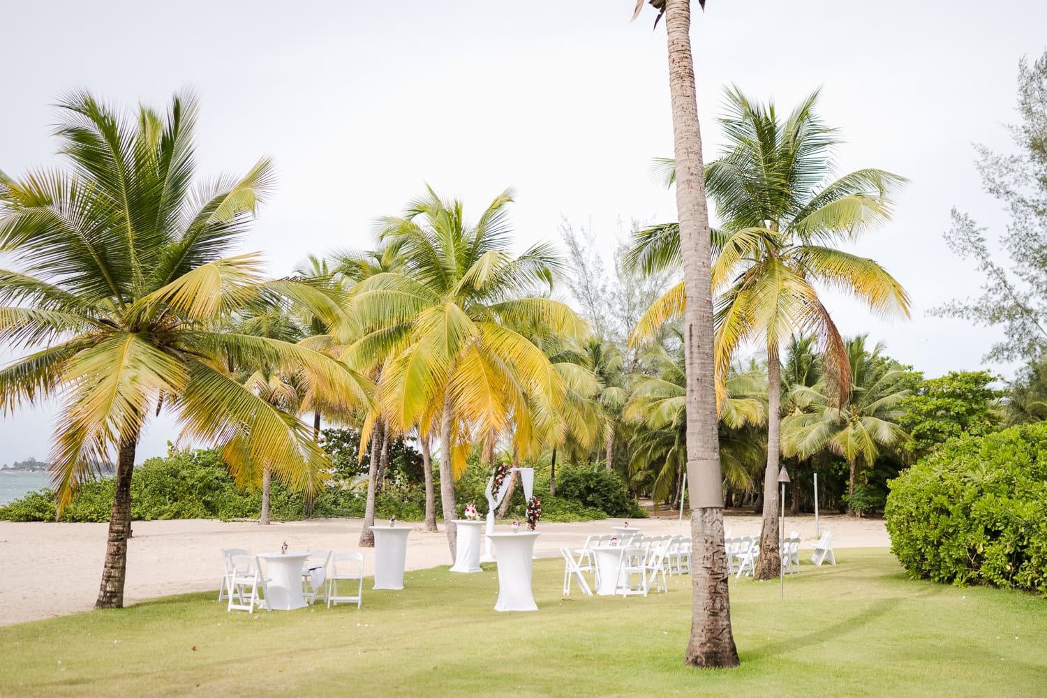 Beachfront wedding ceremony setup with a floral arch and palm trees at Courtyard Marriott Isla Verde, Puerto Rico.