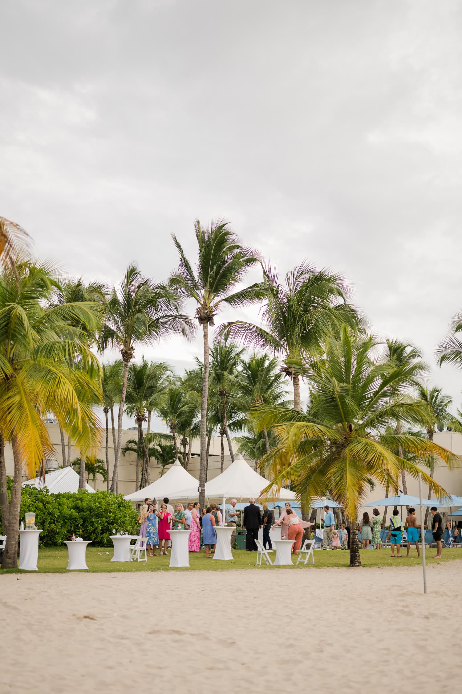 Beachfront wedding ceremony setup with a floral arch and palm trees at Courtyard Marriott Isla Verde, Puerto Rico.