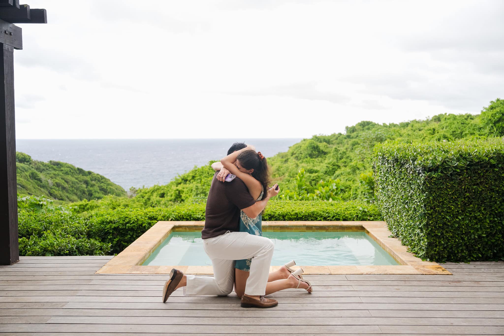 Surprise marriage proposal photography on private beach villa terrace at Royal Isabela Resort in Puerto Rico