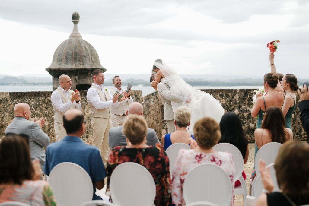 plaza la rogativa wedding ceremony in old san juan, puerto rico first kiss