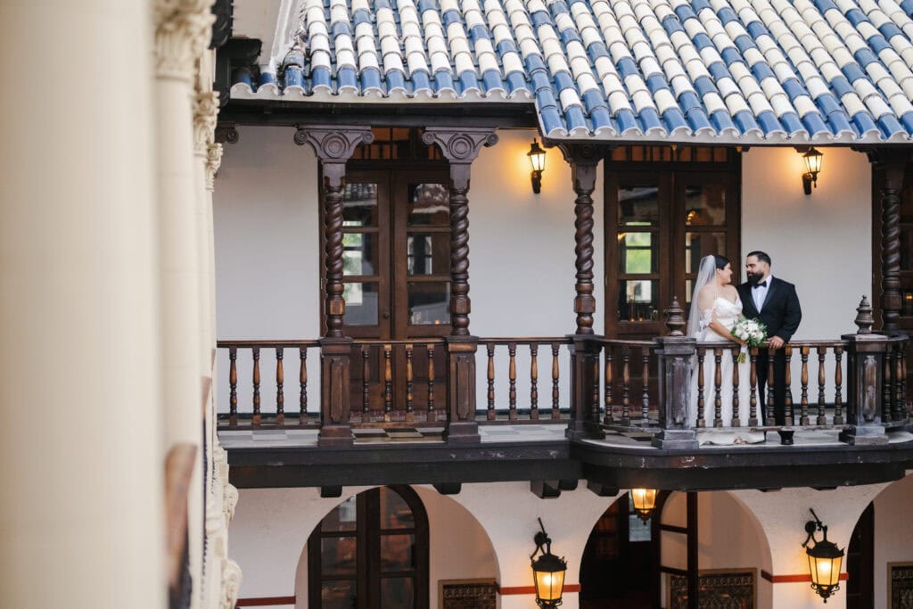 Newlywed portraits inside Casa de España San Juan