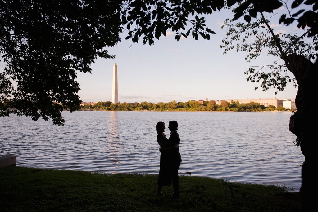 engagement photos at the washington DC Tidal Basin with Washington Monument in the background