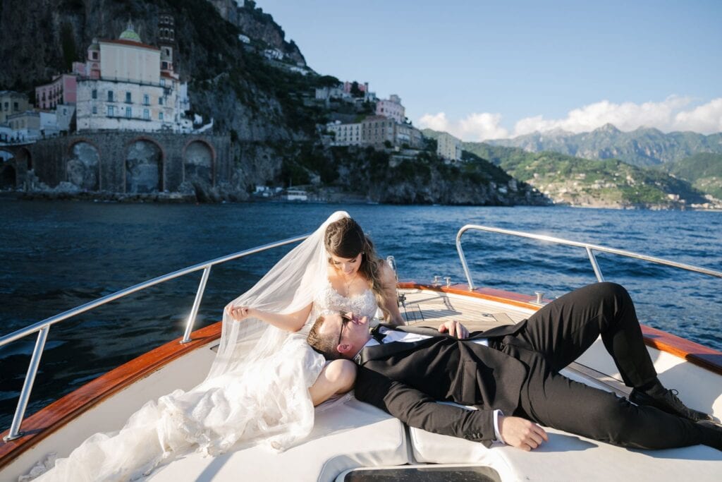 sunset boat elopement photos in Amalfi Coast, Italy