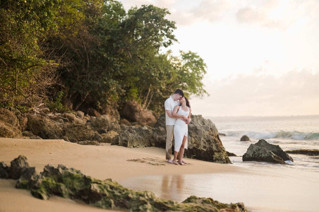A sunset engagement session at Playa Peña Blanca in Aguadilla, Puerto Rico, where a shy start turned into giggles, waves, and golden light on the west coast.