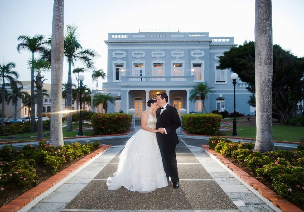 outdoor newlywed wedding portraits at dusk at Antiguo Casino de Puerto Rico by Camille Fontz