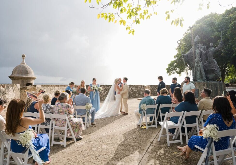 Intimate wedding ceremony at Plazuela La Rogativa, San Juan destination wedding.