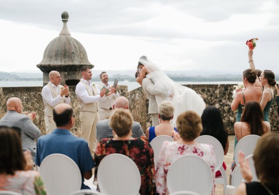 plaza la rogativa wedding ceremony in old san juan, puerto rico first kiss