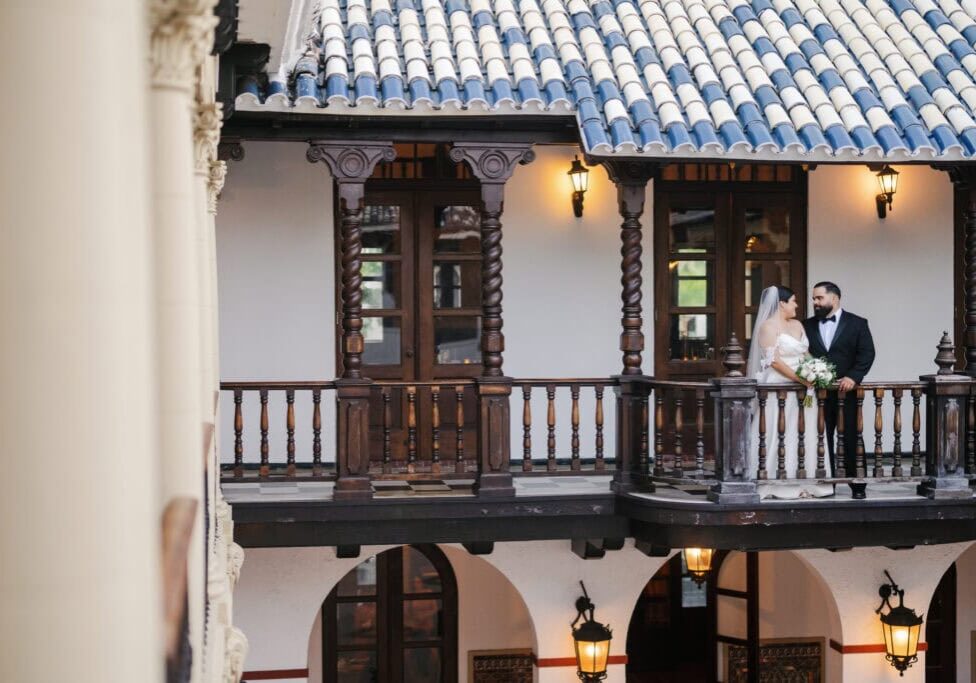 Newlywed portraits inside Casa de España San Juan